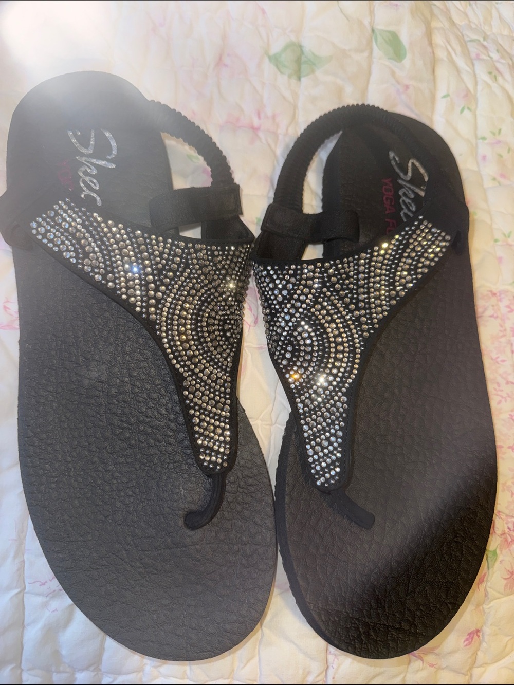 Skechers Black Rhinestone T-strap Sandals for Women